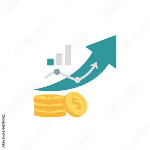 Coins with growth chart and arrow.