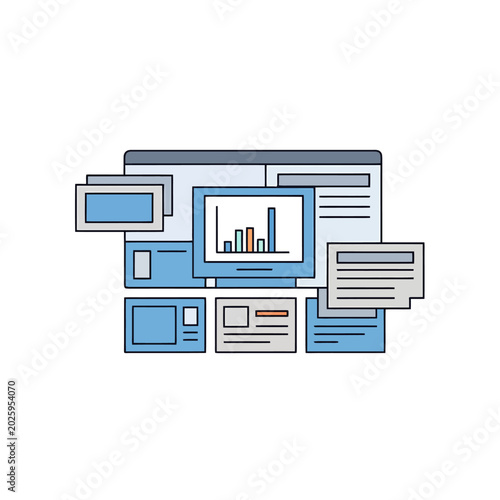 Computer screens with business data graphs.