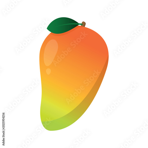 Illustration of a Vibrant Mango with a Gradient from Green to Orange, and a Green Leaf. Ideal for Culinary, Nutrition, Tropical Fruits, and Food Themes. Flat Design, Vector.