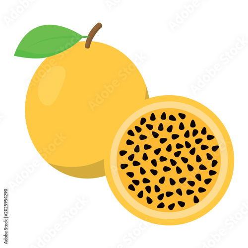 Illustration of a Whole Passion Fruit with a Green Leaf and a Sliced Cross-Section Revealing its Seeds and Pulp. Ideal for Culinary, Nutrition and Tropical Fruits Themes.
