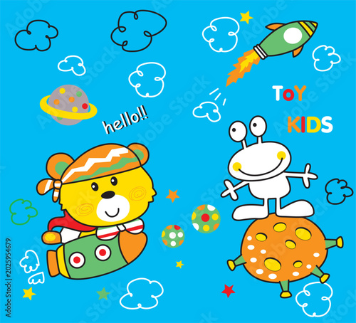 Tableau sur toile Cute bear and frog astronaut with little alien in outer space galaxy, sweet children vector graphic for screen printing