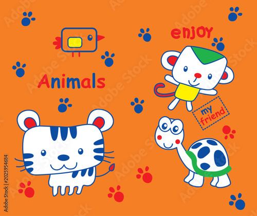Canvas Print Hand drawn cartoon tiger monkey and turtle with animal paw prints background, vector illustration for nursery wallpaper
