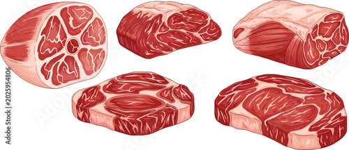 Foto Fresh raw beef steak cuts vector illustration collection featuring marbled ribey