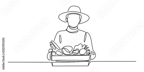 Continuous single line drawing of a farmer holding a wooden crate full of fresh healthy organic vegetables and fruits for harvest market sale Vector, illustration