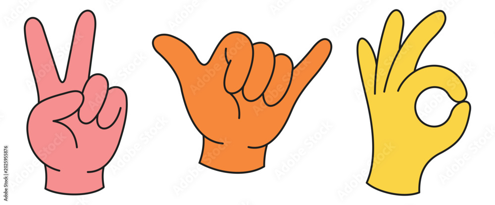 Fototapeta premium Hand gesture, mascot and character hands. Peace, hang loose and okay finger signs with outline and sticker style. Vector illustration.