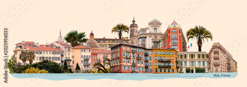 A view over the old town of Nice. Panorama of the old town Vieux Nice with its characteristic colored buildings. Art design