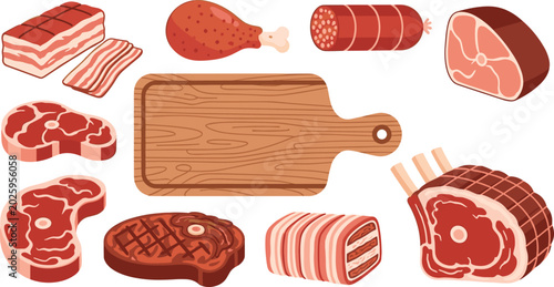 Bild auf Leinwand Fresh raw meat products variety collection featuring beef steaks pork ribs bacon