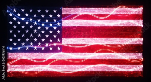 Grunge United States Flag Distorted with Neon Lines on Black Background, Vibrant National Symbol