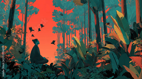 Peaceful nature scene with digital detox concept and meditation among trees and birds