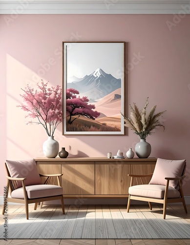 Elegant living room interior with framed mountain landscape and decorations
