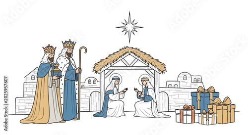Photos nativity scene with three wise men and gifts silhouette
