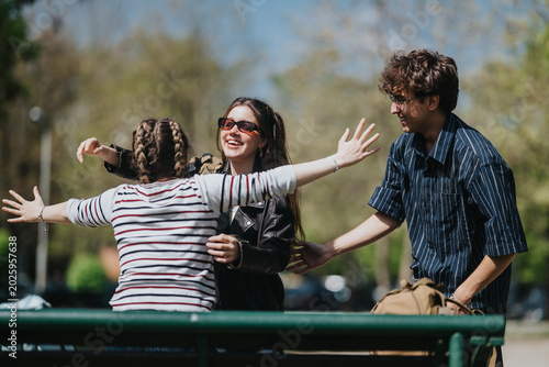 Obraz na plátne Three friends greet each other with open arms and smiles in a sunny park