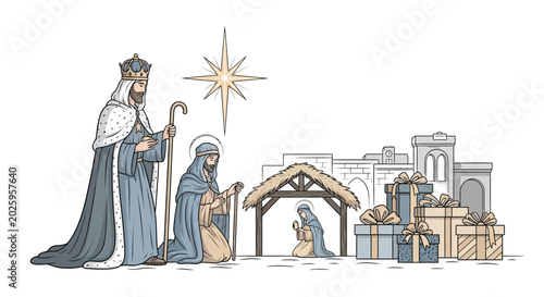 Schilderij op canvas Nativity scene with three wise men and star cartoon illustration silhouette