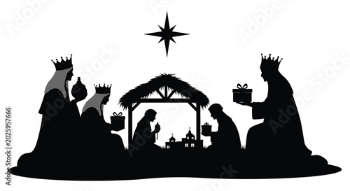 Tableau sur toile Nativity scene with three wise men and star black silhouette