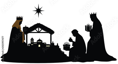 Foto Nativity scene with three wise men and star black silhouette