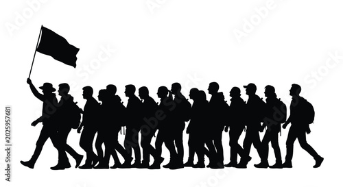 Canvas-taulu Group of people marching with flag black silhouette