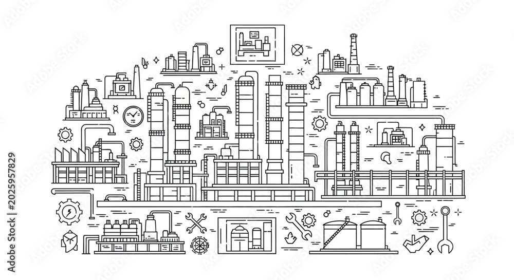 Obraz premium Industrial factory complex line art illustration silhouette