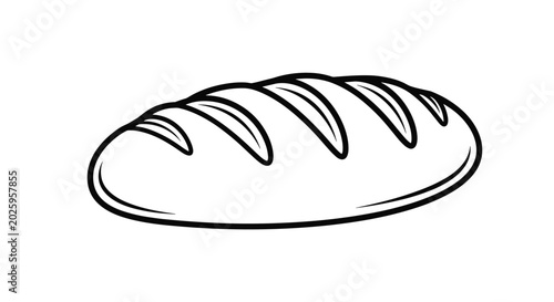 Freshly baked loaf of crusty bread with parallel score marks on top, illustrated as a clean black and white line drawing for bakery use.