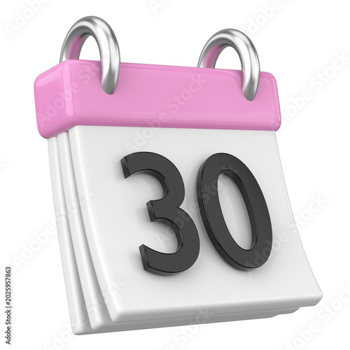 Billede på lærred 30th. Thirtieth day of month. Calendar. 3D illustration.
