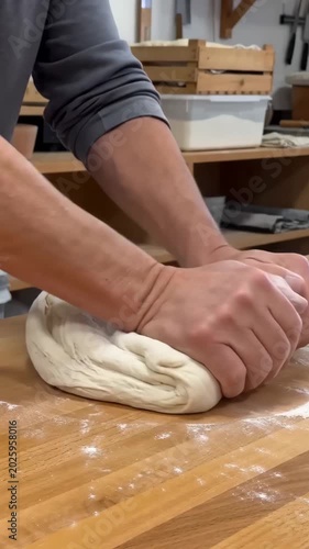 Close-up shot of an adult male baker kneading wheat dough on a floured wooden workbench in a commercial bakery kitchen.