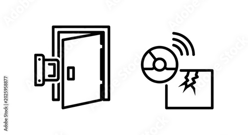 Bild auf Leinwand Opened door motion detector damaged wall icon with break in detector security vi