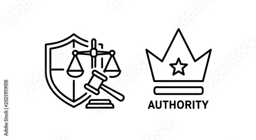 Photos Law and authority icons: shield scales of justice gavel crown with authority gov