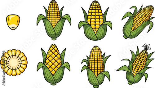 Foto Fresh sweet corn vector elements bundle featuring yellow maize cobs in green lea