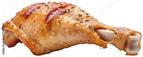 Juicy golden brown roasted chicken leg quarter with crispy herb skin isolated transparent background image