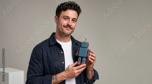 Handsome man holding retro robot toy
