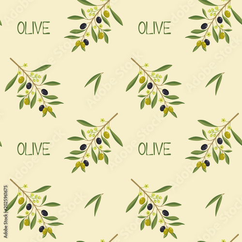 Seamless vector pattern of olive branches with text on cream background
