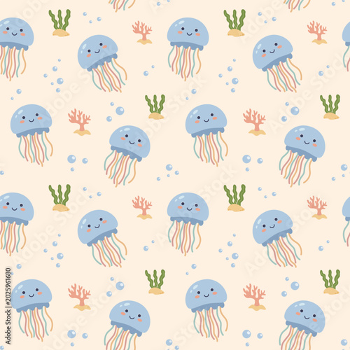 Seamless vector pattern with cute cartoon jellyfish on beige background