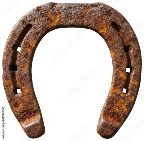 Close-up of a weathered, deep orange-brown rusty metal horseshoe with a textured isolated transparent background image