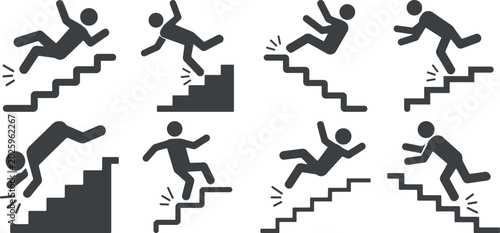 Canvas Print stickman slipping and falling down stairs safety icon set, accident hazard picto
