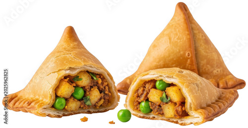Golden crispy samosas, one whole and two halves revealing a rich spiced potato isolated transparent background image