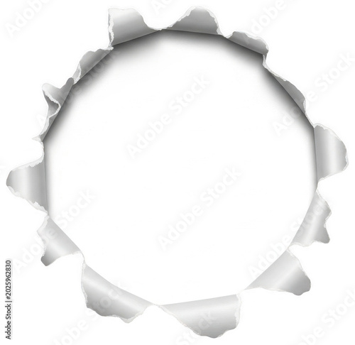 Clean white paper with a circular torn hole and curled, ragged edges revealing isolated transparent background image