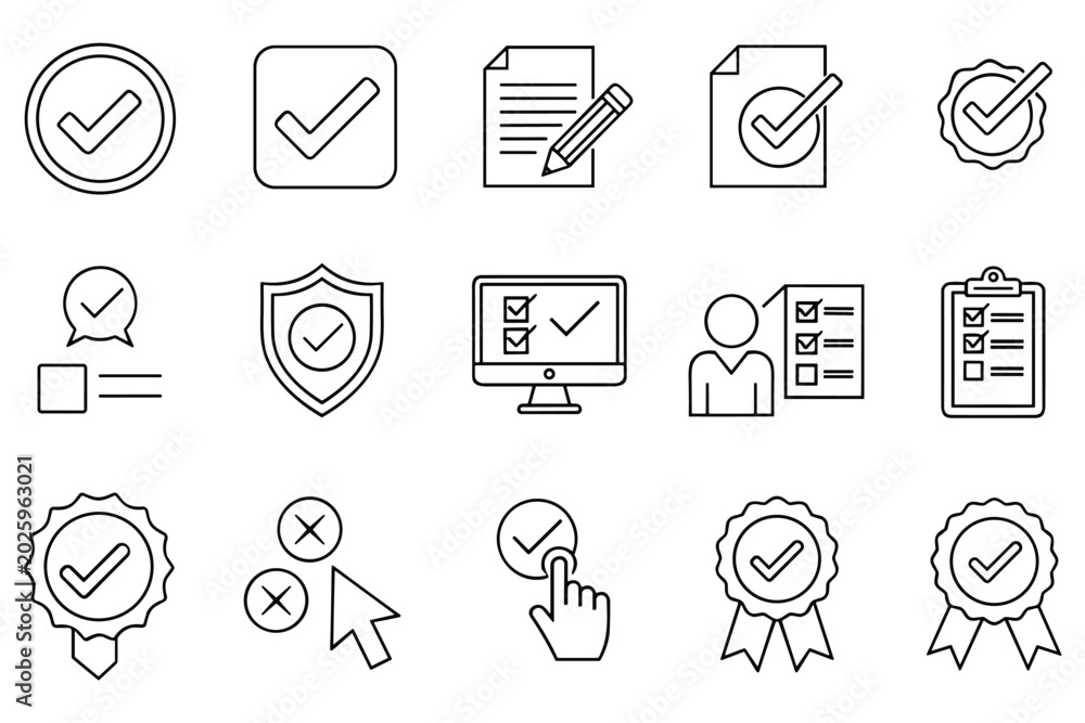 Fototapeta premium Certification and approval thin line icon collection for quality control and business management