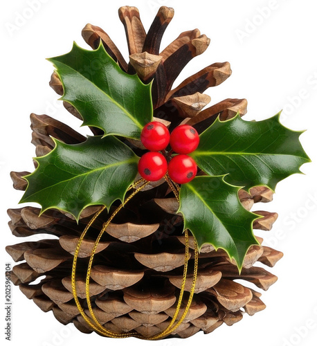 Richly textured brown pine cone adorned with glossy green holly leaves and bright isolated transparent background image