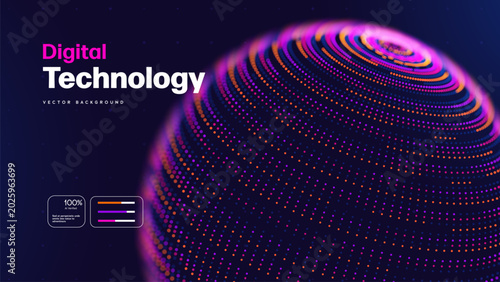 Digital Technology Background With Futuristic Neon Dotted Sphere And Glowing Cyber Data Waves. Innovative Tech Designs For Modern Interfaces. Vector Illustration.