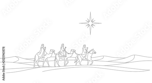 Foto Three wise men on camels with star line art silhouette