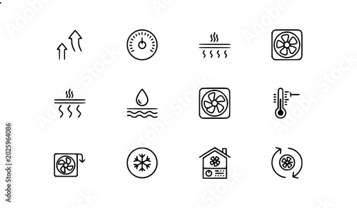 Foto HVAC climate management linear icons with airflow thermostat humidifier and vent