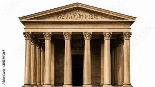 Front view of classical stone temple with columns pediment steps, historic build