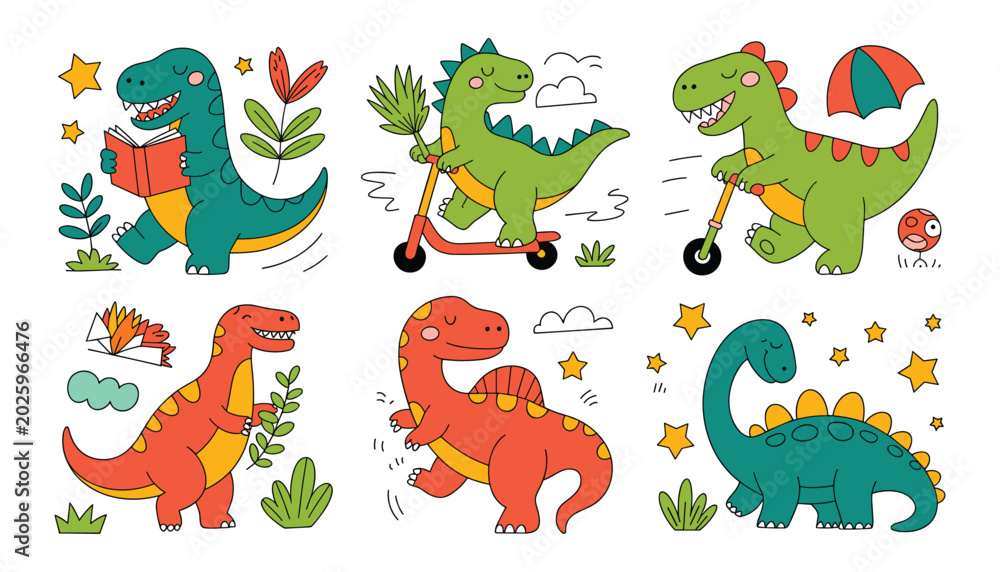 Obraz premium Cute dinosaur illustrations set reading scooter balloon and playful designs