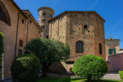 Neonian Baptistery is V century octagonal baptistery. As oldest building in Ravenna, it is UNESCO World Heritage Site with some of most beautiful Byzantine mosaics. RAVENNA, ITALY.