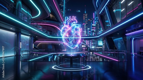 Human heart hologram glowing in a futuristic laboratory setting with blue and purple neon city lights
