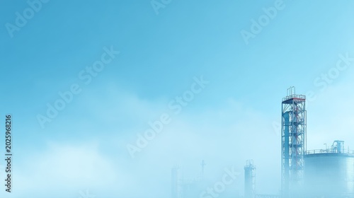 Industrial factory chimneys rise above dense morning fog under a clear blue sky, symbolizing modern manufacturing and environmental challenges. Urban industry blends with atmospheric conditions