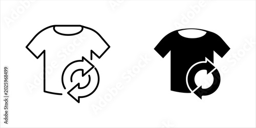Solid black t-shirt icon set. with recycle arrows symbol representing sustainable fashion, clothing donation, textile recycling, and eco-friendly apparel concepts.