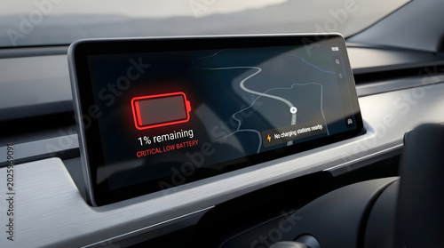 Electric vehicle dashboard display showing critical low battery warning with 1 percent charge and navigation map