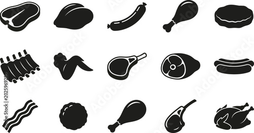 Photography Black and white meat including steaks, sausages, chickens, and ribs