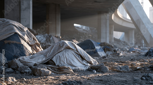 Long-exposure view of a highway underpass where a makeshift encampment of tents and improvised shelters fills the shoulder, depicting homelessness crisis, urban housing failure, unsheltered poverty,