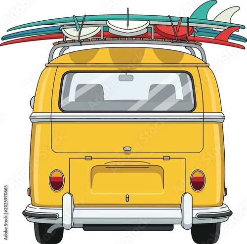 Vintage yellow volkswagen type 2 bus with surfboards on roof rear view isolated on transparent background